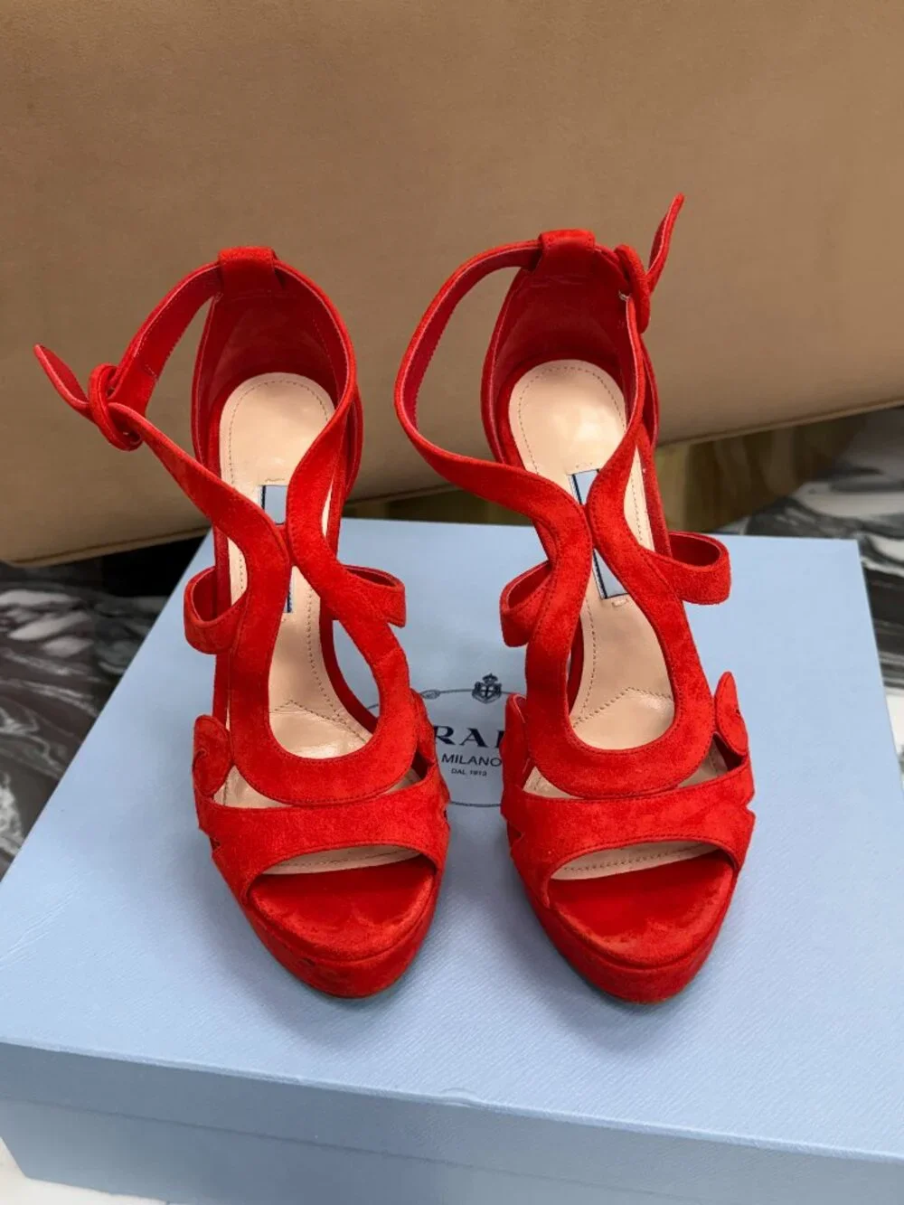 Prada Red Suede Platform Heels Strappy Sandals Stiletto Ankle Strap Size 37 - Picture 12 of 14